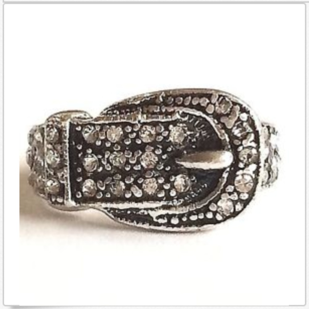 Silver Tone Belt Buckle Ring Size 7 8 9 Cowgirl Band Clear Crystal Western NWT